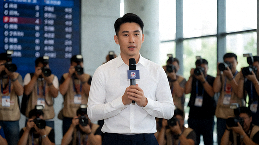 体育新闻发布现场记者进行赛事报道的画面