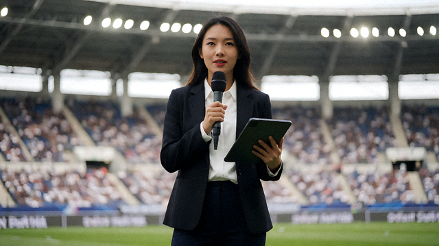 体育记者在赛场边记录赛事新闻的工作场景